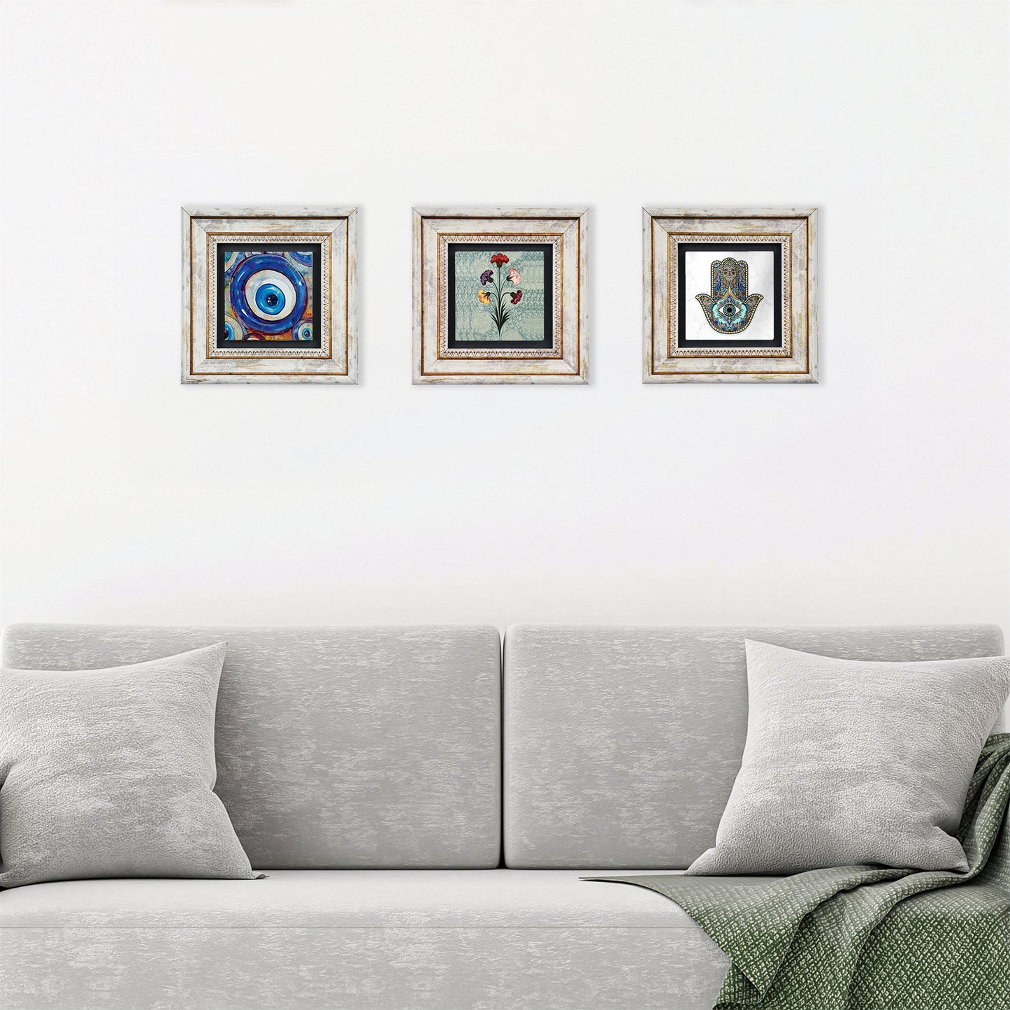 Mother Hand Trio Natural Stone Wall Art Set - Hamsa, Evil Eye & Carnation