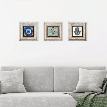 Mother Hand Trio Natural Stone Wall Art Set - Hamsa, Evil Eye & Carnation