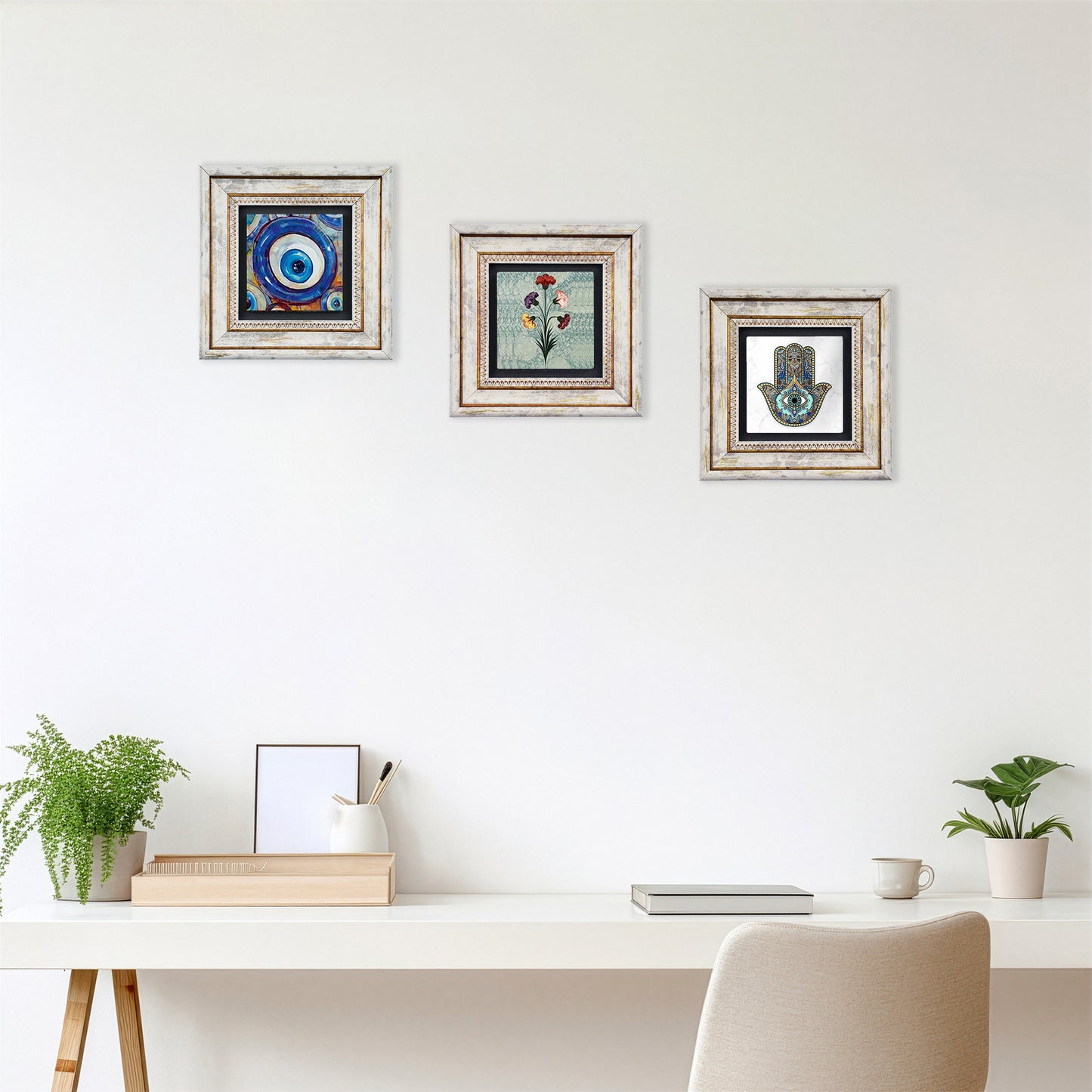 Mother Hand Trio Natural Stone Wall Art Set - Hamsa, Evil Eye & Carnation