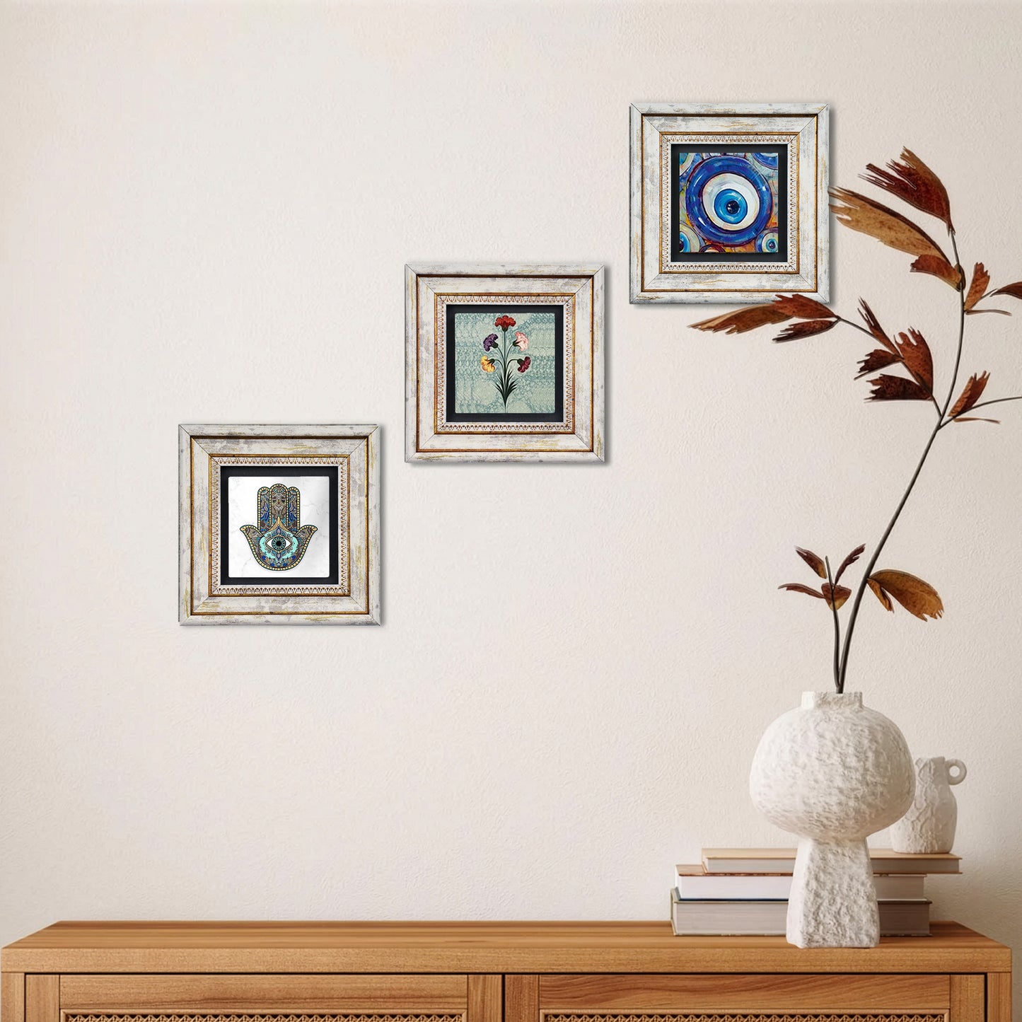 Mother Hand Trio Natural Stone Wall Art Set - Hamsa, Evil Eye & Carnation