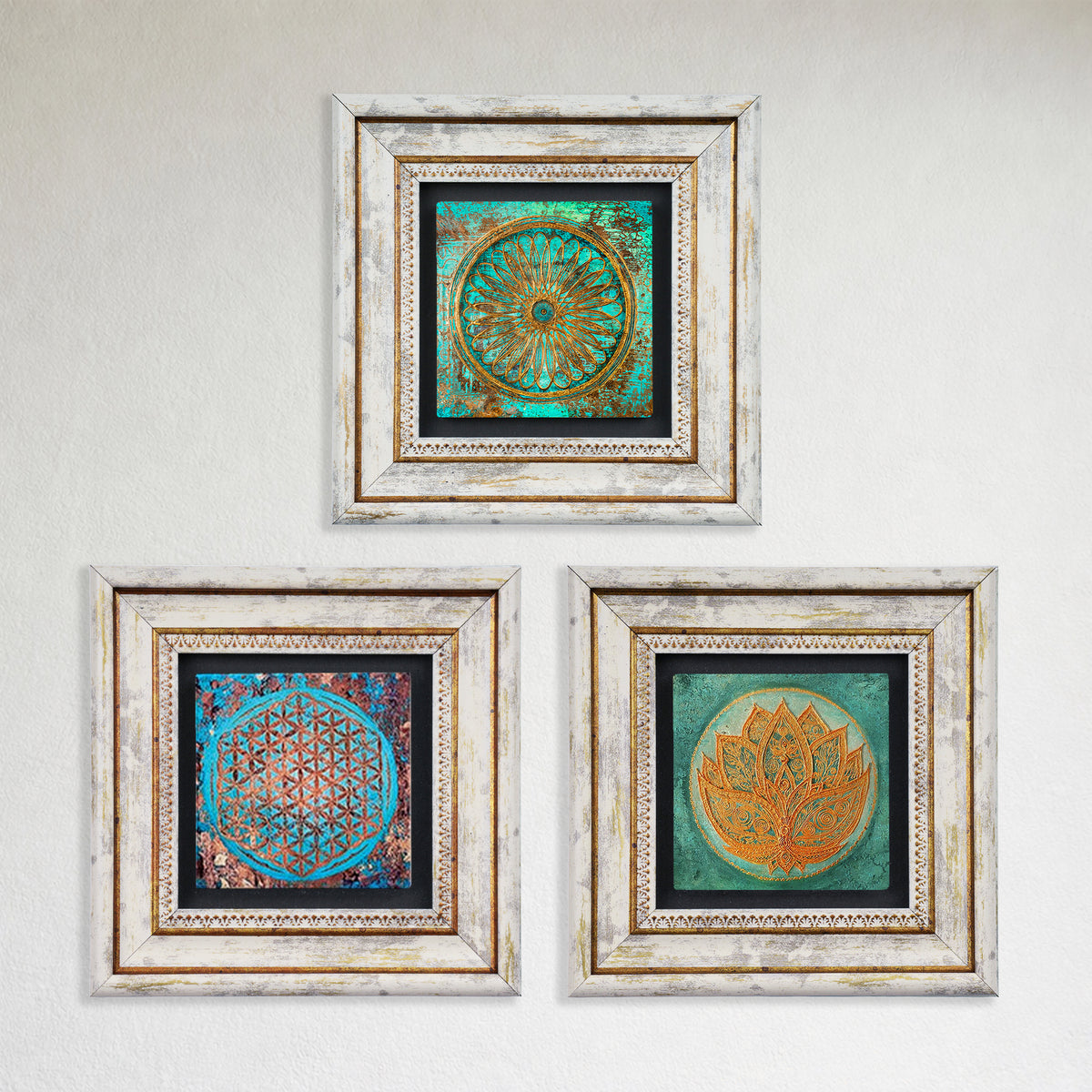 Lotus, Flower of Life Trio Vintage Stone Wall Art Set