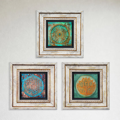 Lotus, Flower of Life Trio Vintage Stone Wall Art Set