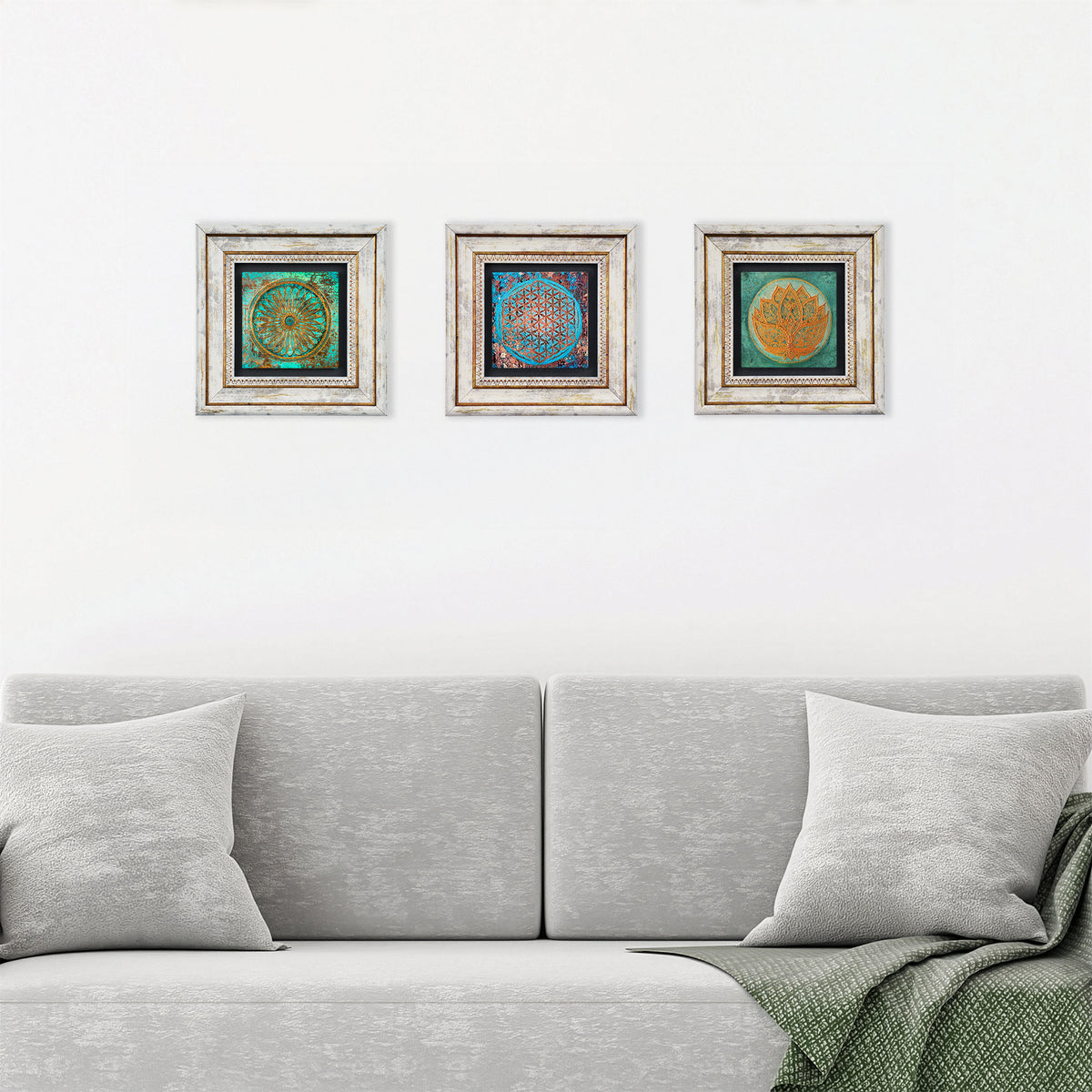 Lotus, Flower of Life Trio Vintage Stone Wall Art Set