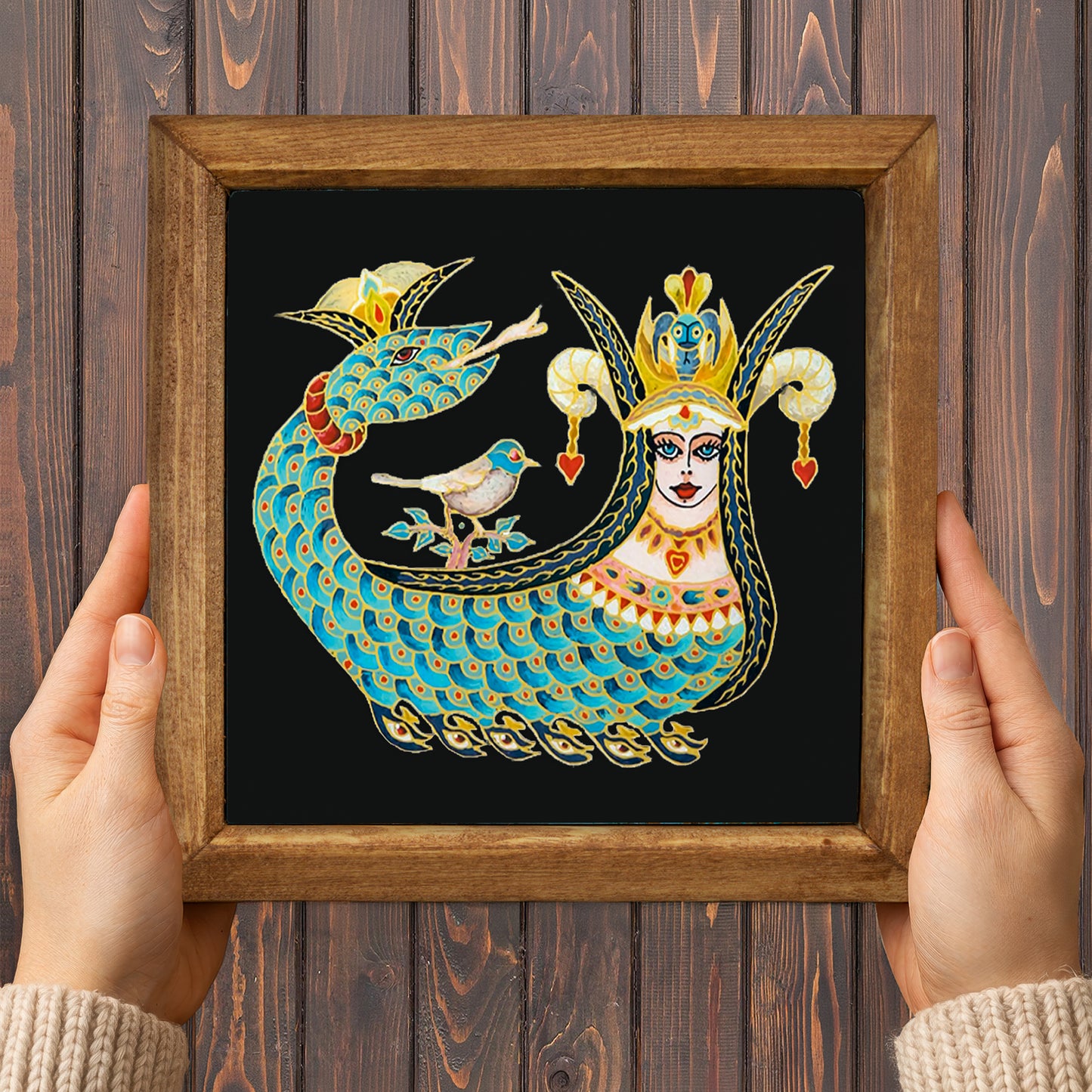 Shahmaran & Mandala Wall Art Trio – Red & Green Wood Frame Set