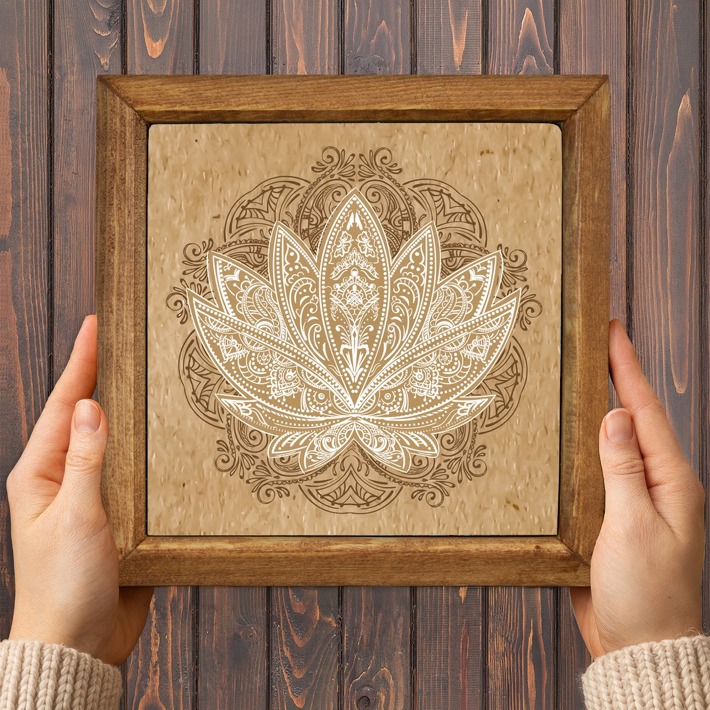 Peacock, Lotus & Flower of Life Trio Natural Stone Wall Art – Wood Frame Set