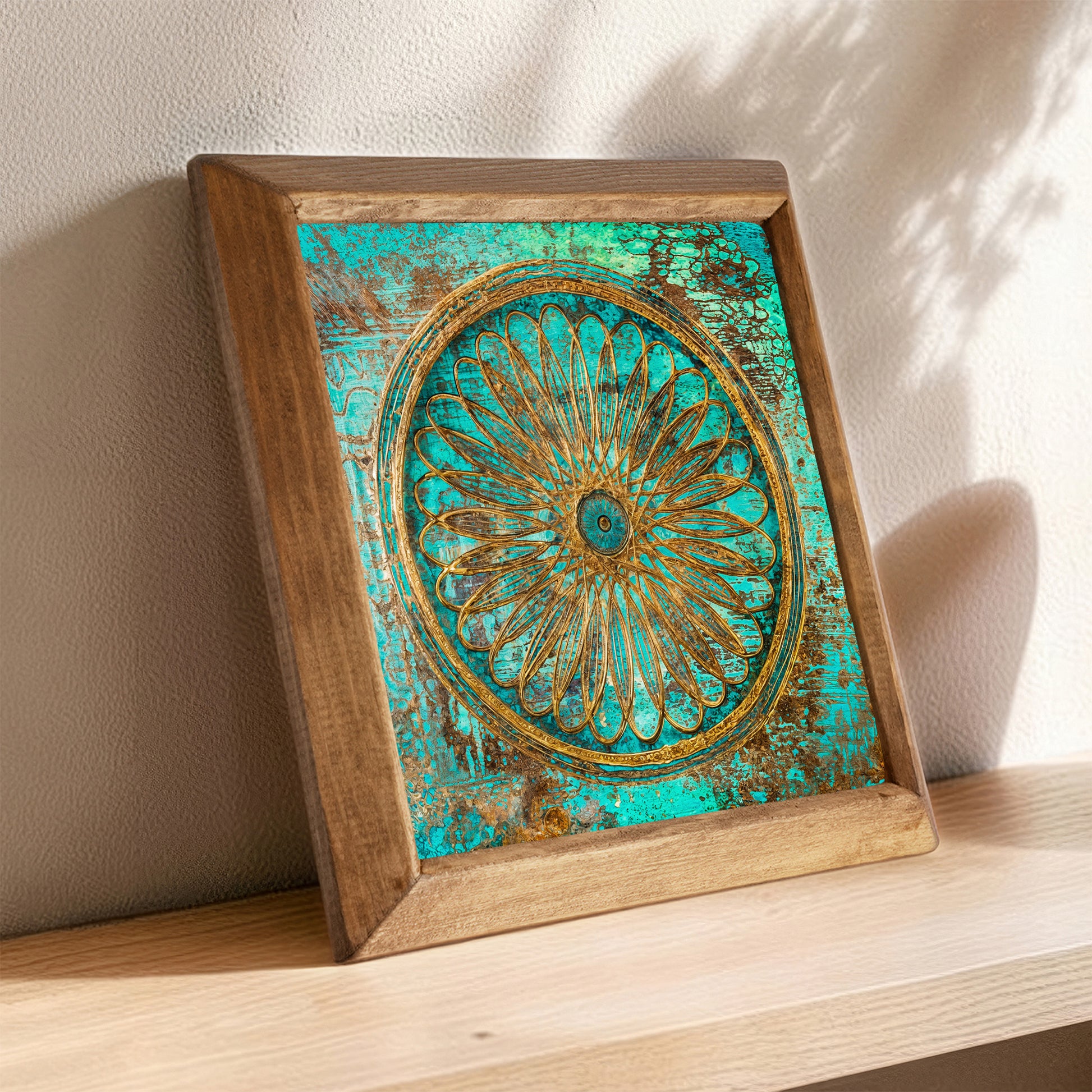 Decorative wall art with a wooden frame and intricate design on a shelf.