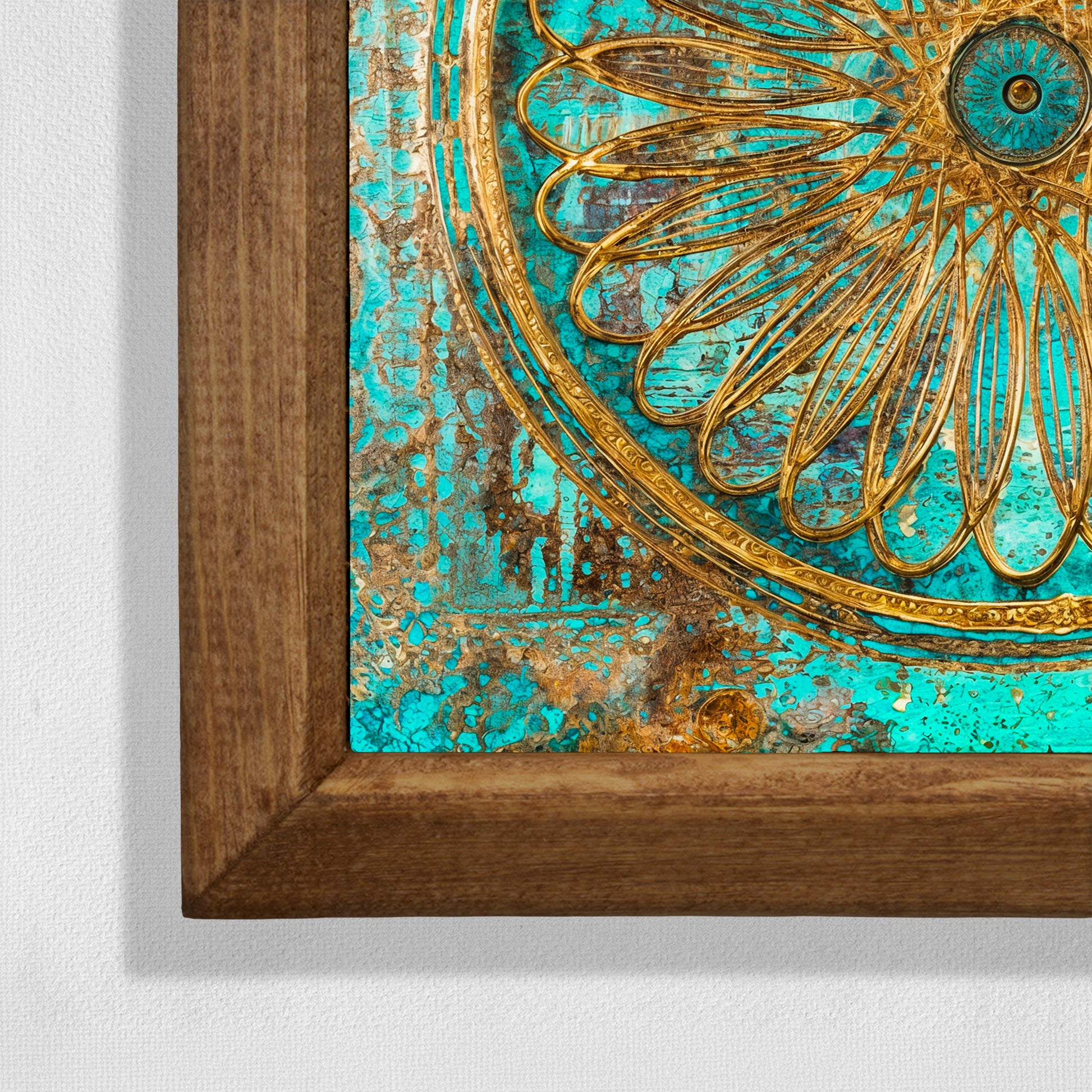 Decorative wall art with gold floral design and turquoise background in a wooden frame.