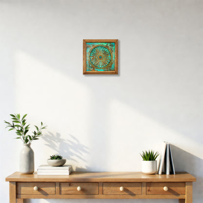 Framed artwork on a wall above a wooden console table with decorative items.