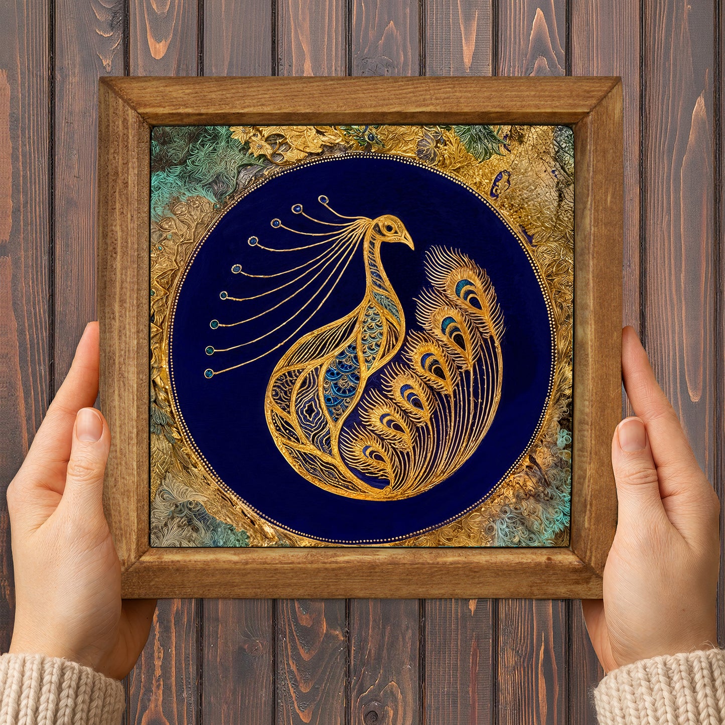 Tree of Life, Lotus & Peacock Wall Art Trio – Wooden Frame Set