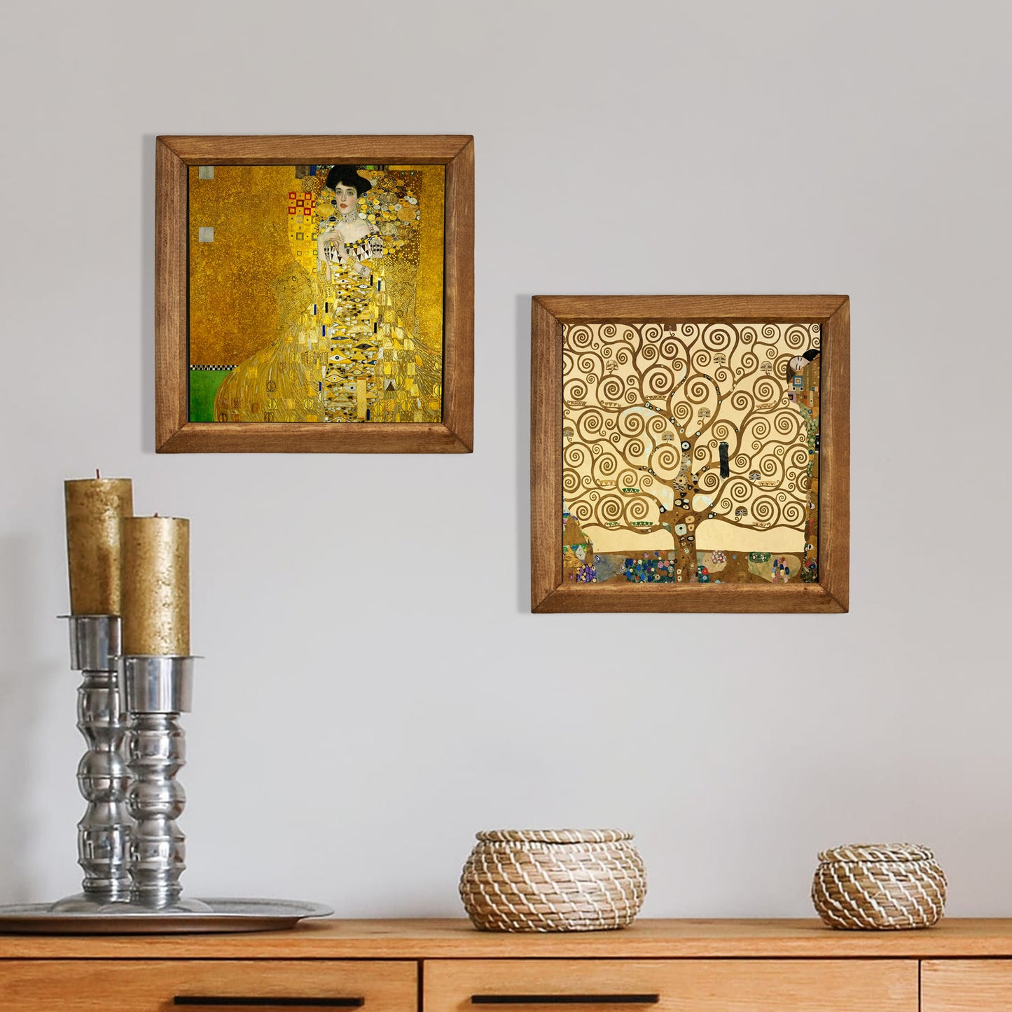 Golden Muse & Tree of Life Duo Natural Stone Wall Art – Wood Frame Set