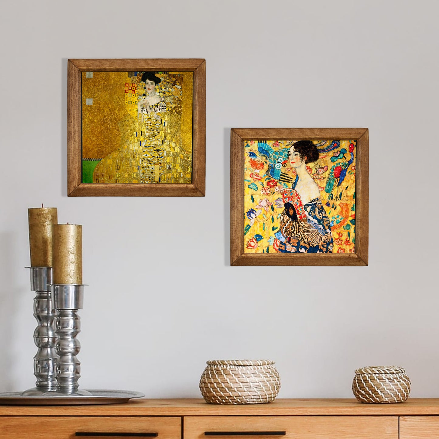 Gustav Klimt Lady with Fan & Adele Bloch Bauer Duo Natural Stone Wall Art Wood Frame Set
