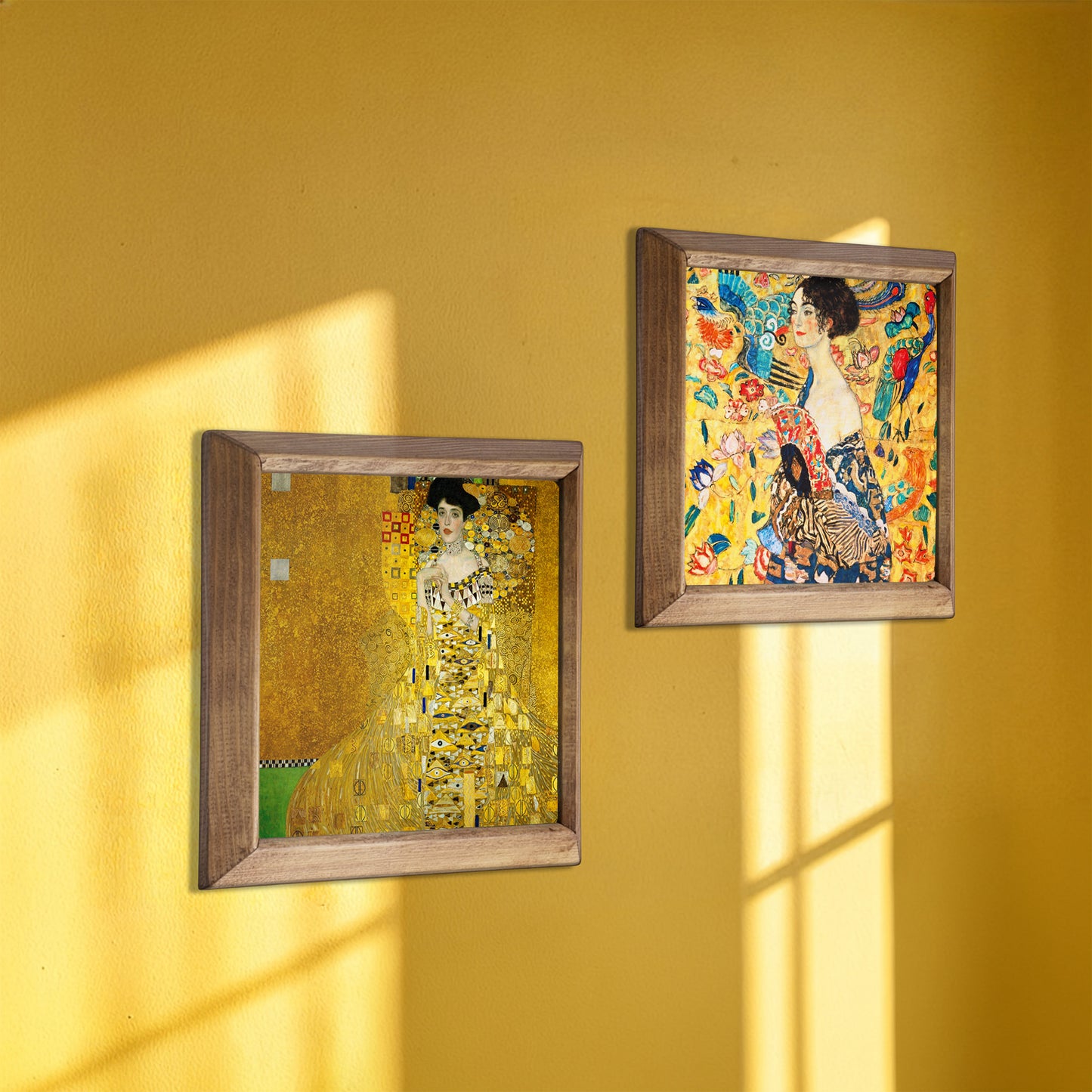 Gustav Klimt Lady with Fan & Adele Bloch Bauer Duo Natural Stone Wall Art Wood Frame Set