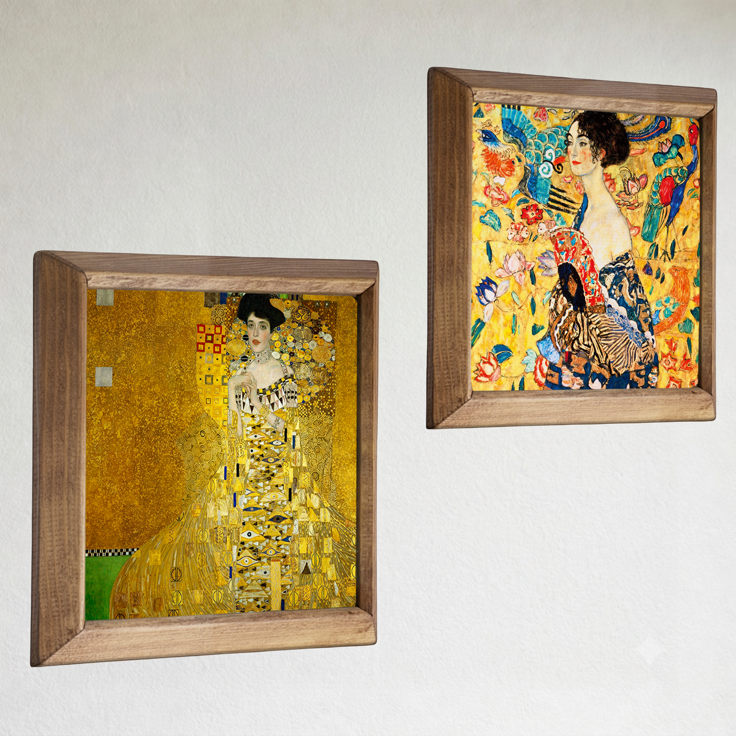 Gustav Klimt Lady with Fan & Adele Bloch Bauer Duo Natural Stone Wall Art Wood Frame Set