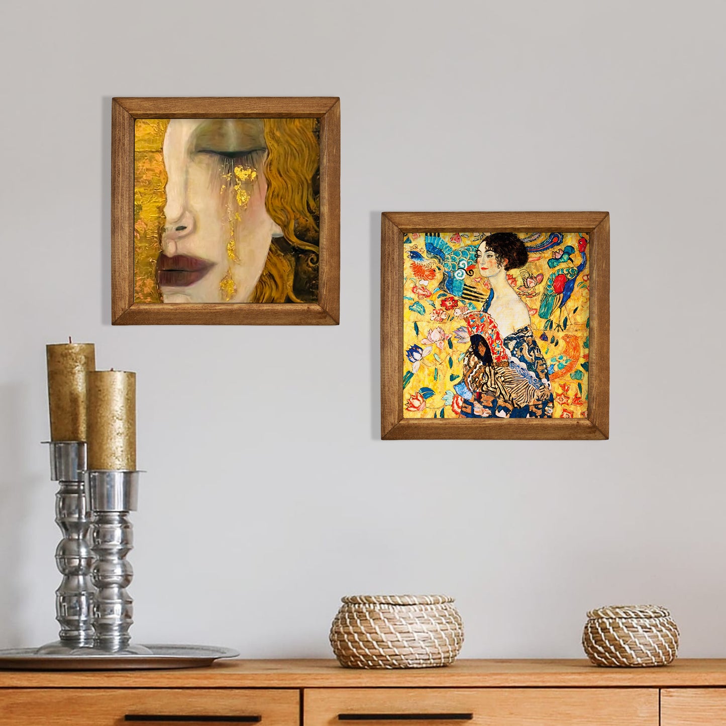 Gustav Klimt Style Golden Lady Portrait Duo Stone Wall Art