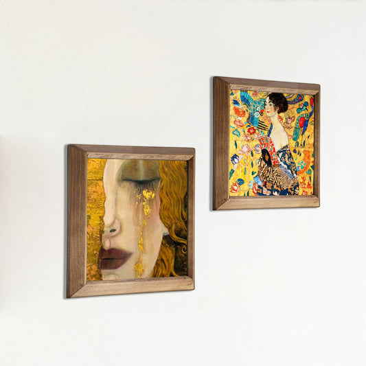 Gustav Klimt Style Golden Lady Portrait Duo Stone Wall Art