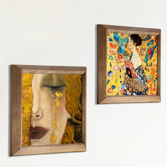 Gustav Klimt Style Golden Lady Portrait Duo Stone Wall Art