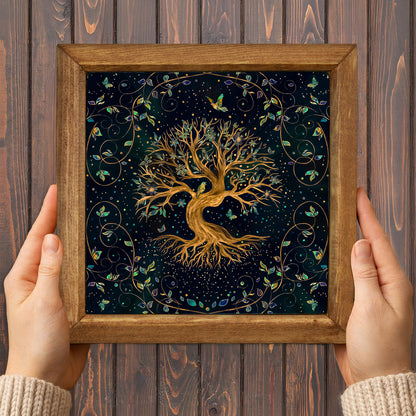 Framed artwork of a tree with intricate designs on a wooden background