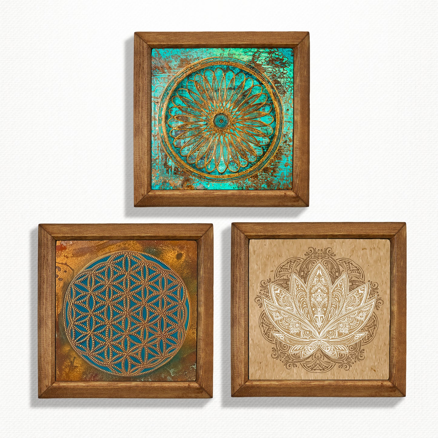 Zen Aura Trio | Flower of Life & Lotus Natural Stone Art