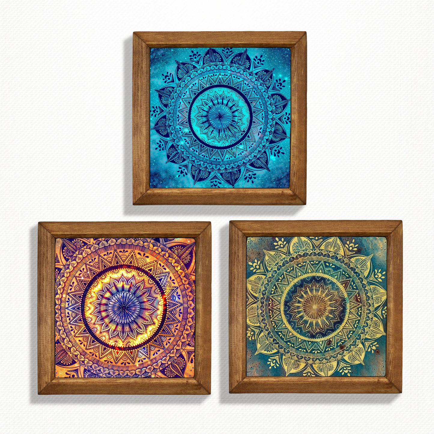 Cosmic Mandala Trio | Galaxy Sacred Geometry Natural Stone Wall Art