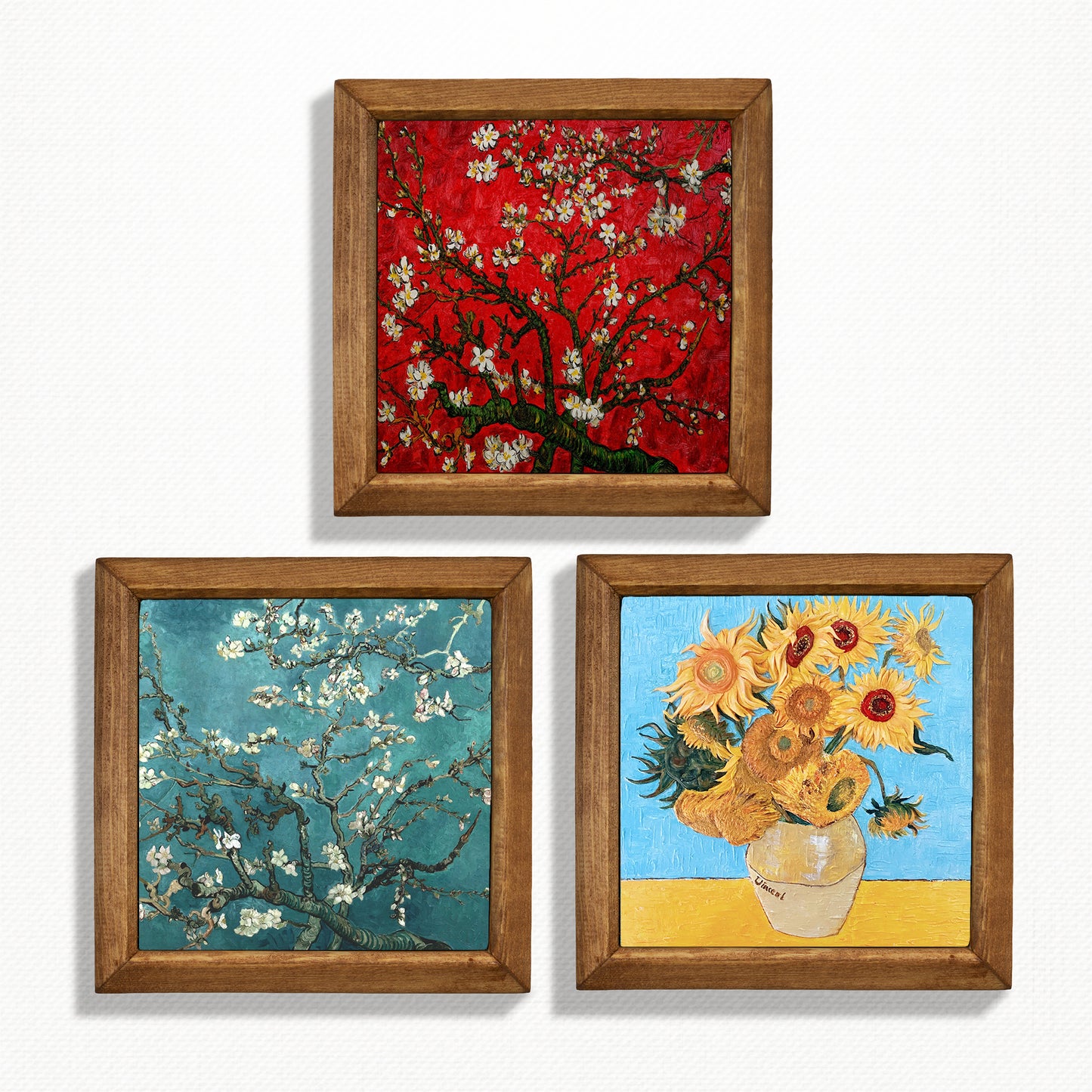 Three framed artworks of Van Gogh's 'Almond Blossoms', 'Blossoming Almond Tree', and 'Sunflowers' on a white background.
