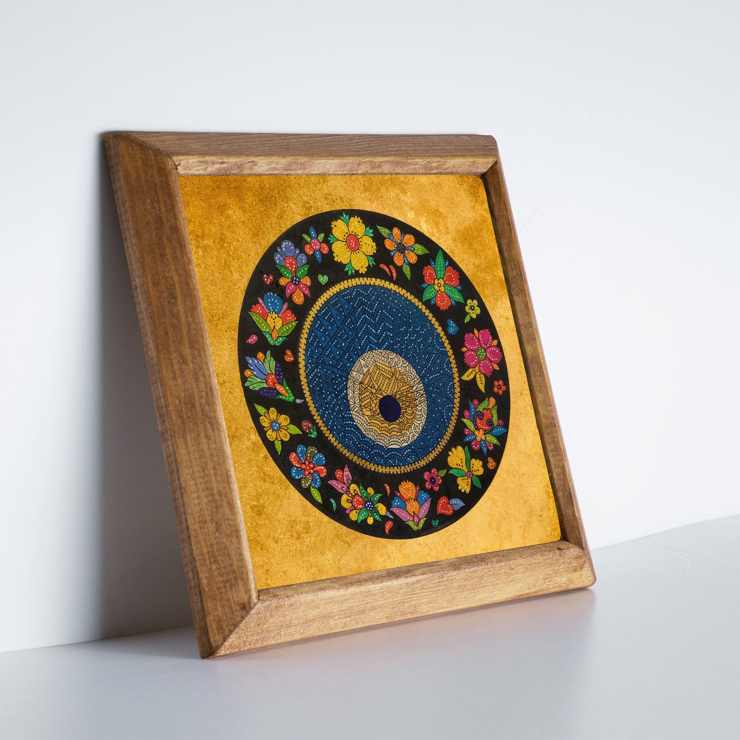 Evil Eye & Peacock Stone Wall Art Trio – Wooden Frame Set