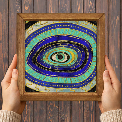 Evil Eye & Peacock Stone Wall Art Trio – Wooden Frame Set
