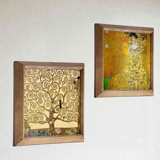 Gustav Klimt Tree of Life & Van Gogh Blossom Duo Natural Stone Wall Art Wood Frame Set
