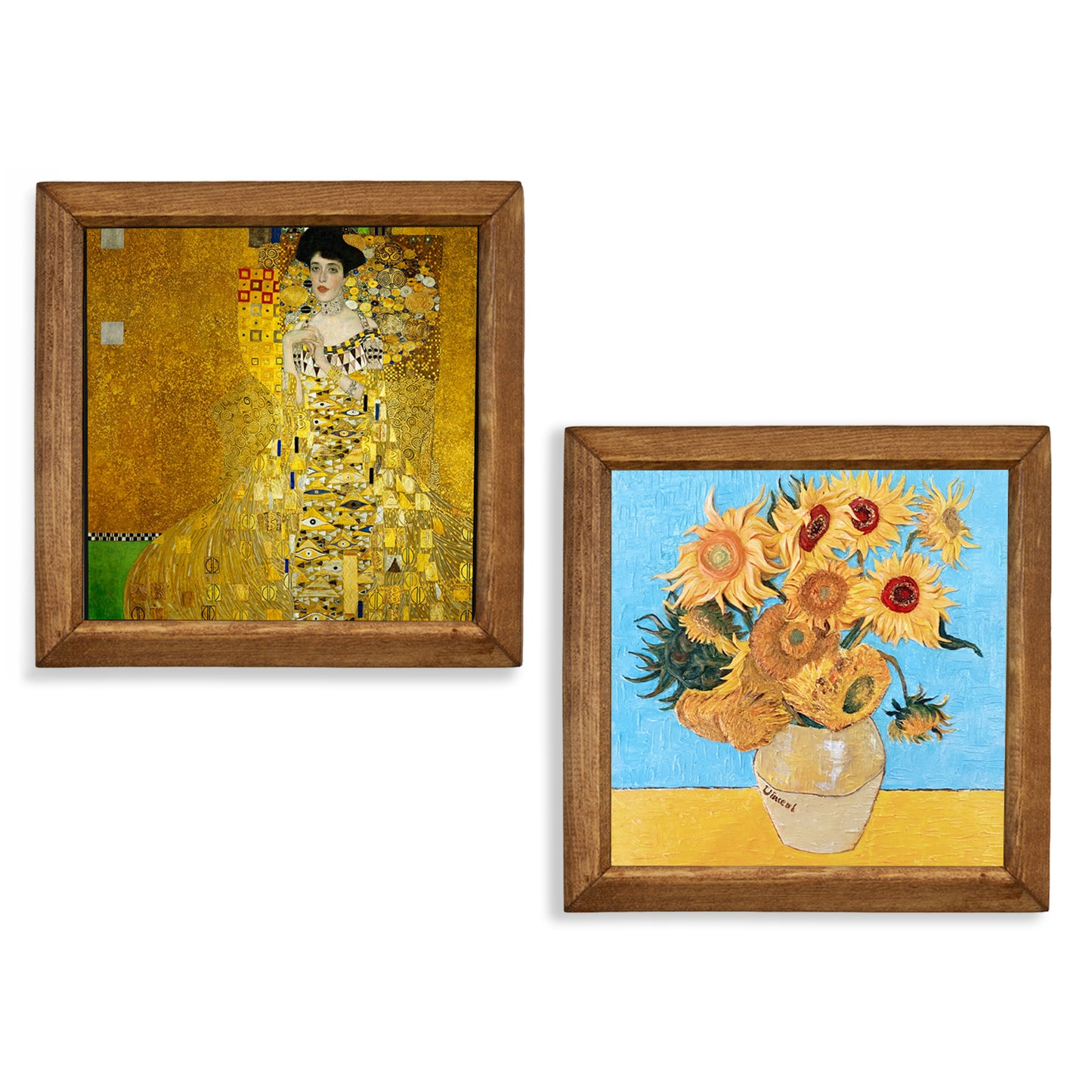 Golden Muse & Sunflowers Duo Natural Stone Wall Art – Wood Frame Set