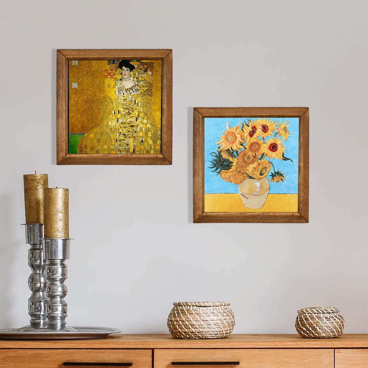 Golden Muse & Sunflowers Duo Natural Stone Wall Art – Wood Frame Set