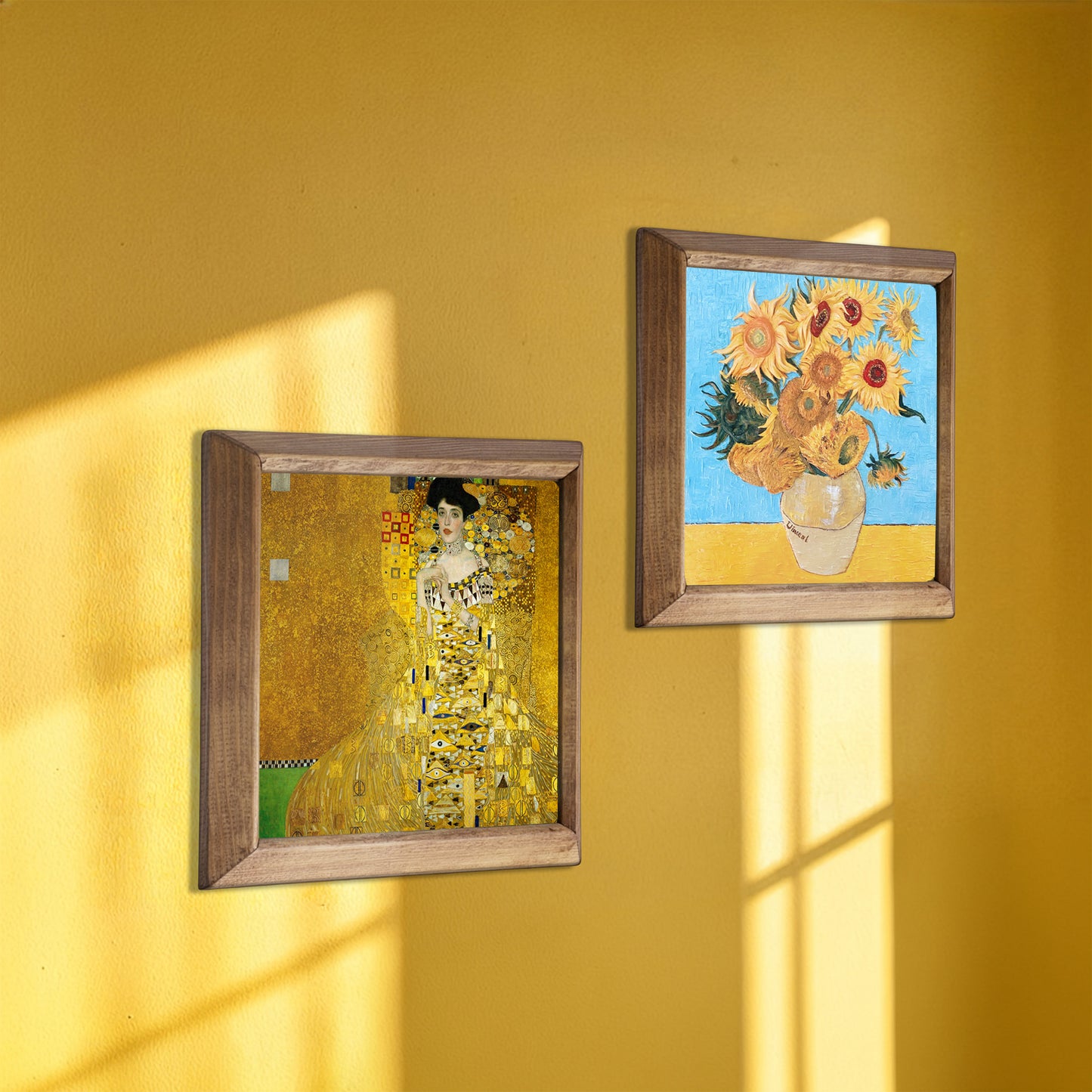 Golden Muse & Sunflowers Duo Natural Stone Wall Art – Wood Frame Set