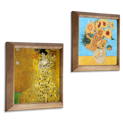 Golden Muse & Sunflowers Duo Natural Stone Wall Art – Wood Frame Set