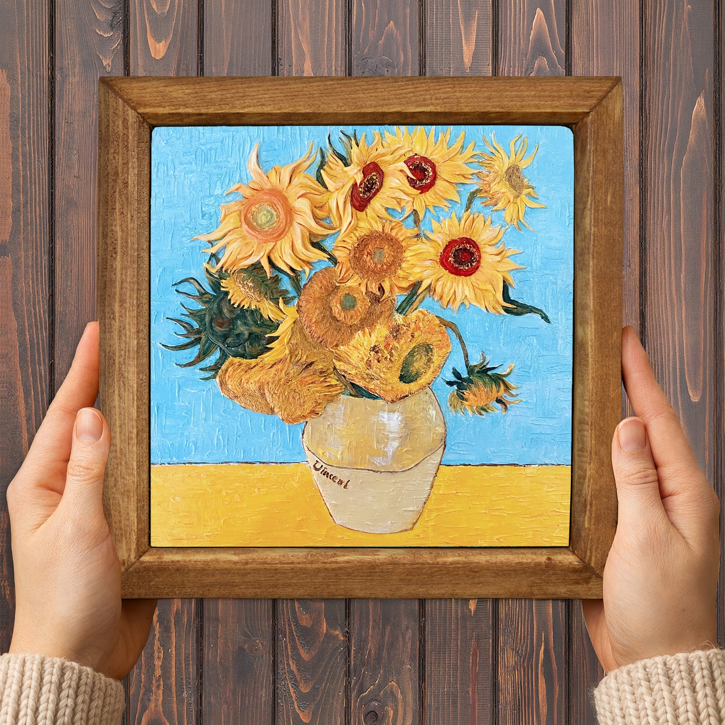 Golden Muse & Sunflowers Duo Natural Stone Wall Art – Wood Frame Set