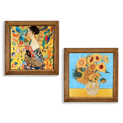 Gustav Klimt Lady with Fan & Van Gogh Sunflowers Duo Natural Stone Wall Art – Wood Frame Set