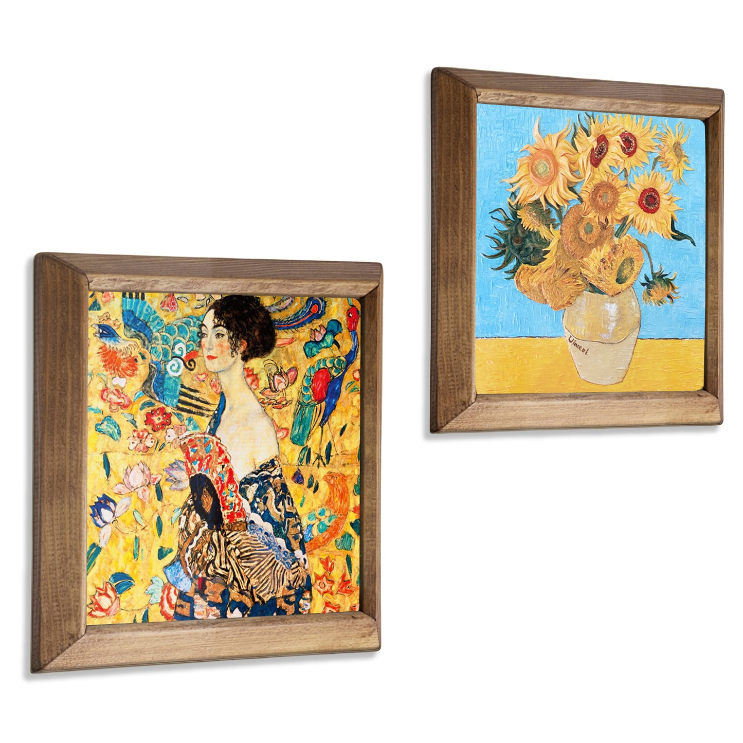 Gustav Klimt Lady with Fan & Van Gogh Sunflowers Duo Natural Stone Wall Art – Wood Frame Set