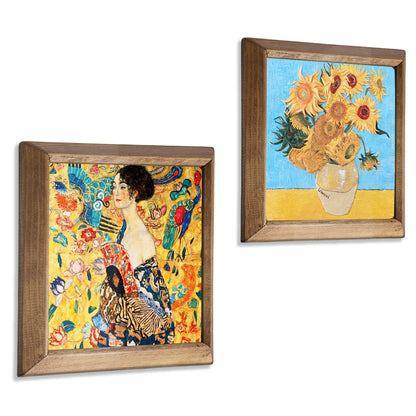 Gustav Klimt Lady with Fan & Van Gogh Sunflowers Duo Natural Stone Wall Art – Wood Frame Set