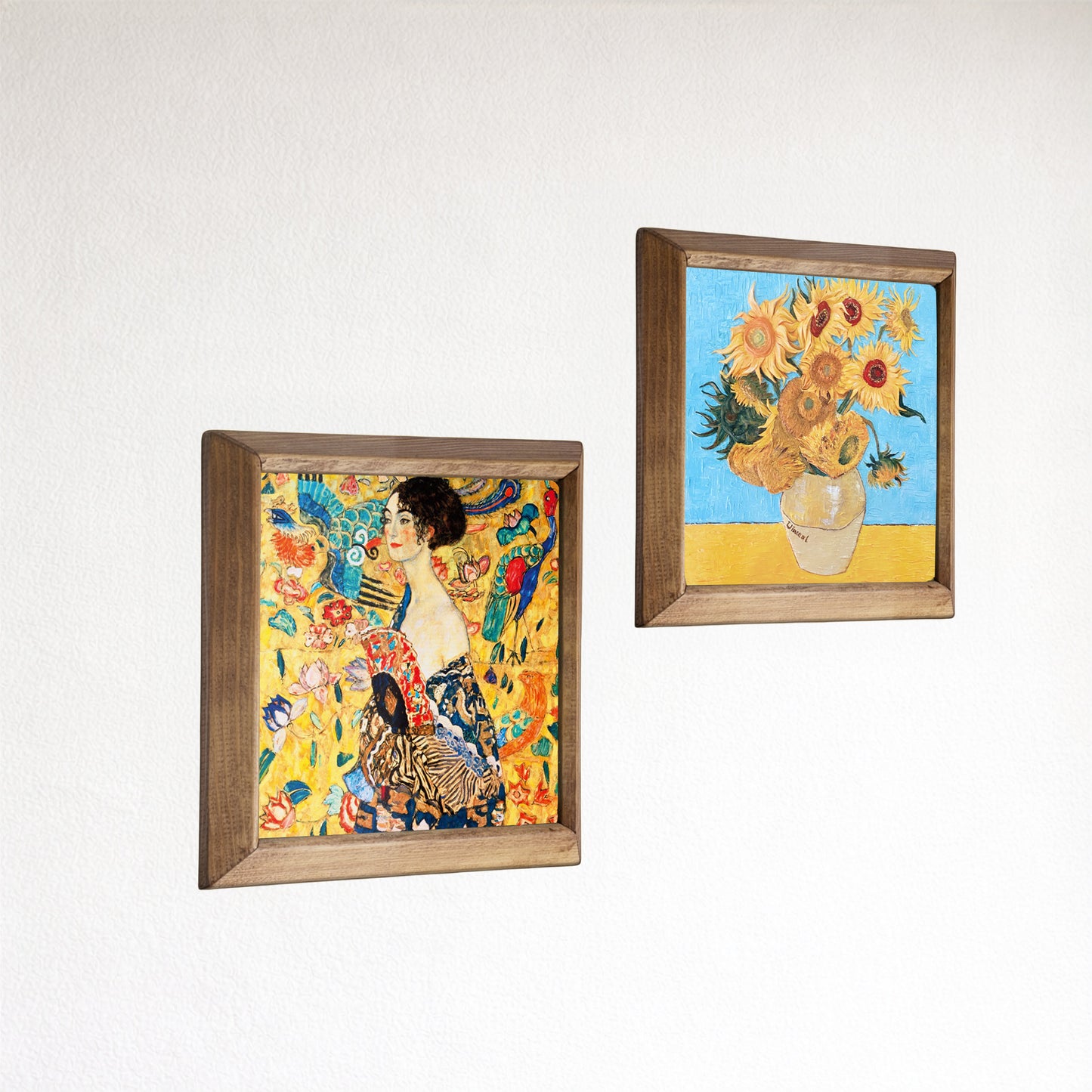 Gustav Klimt Lady with Fan & Van Gogh Sunflowers Duo Natural Stone Wall Art – Wood Frame Set