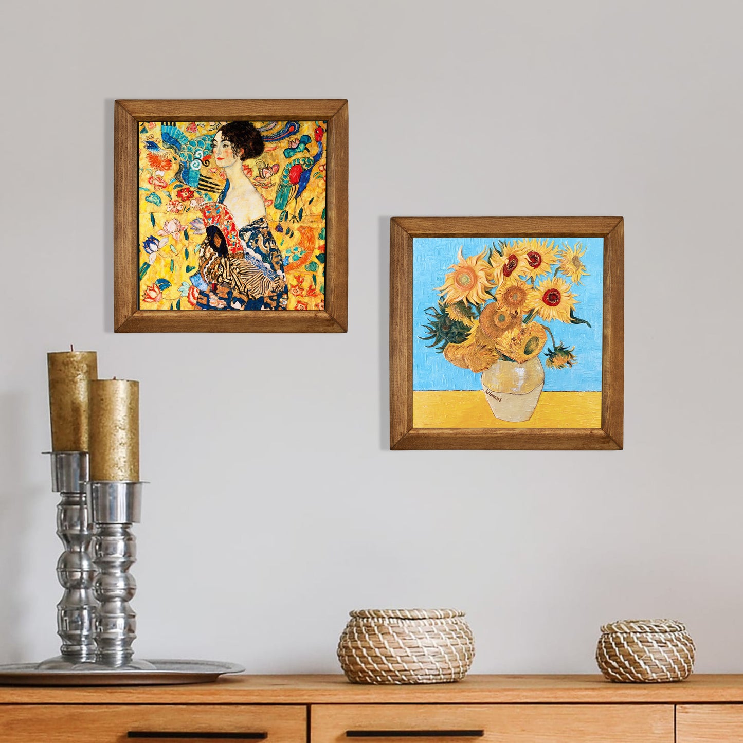 Gustav Klimt Lady with Fan & Van Gogh Sunflowers Duo Natural Stone Wall Art – Wood Frame Set