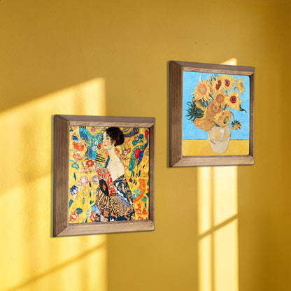 Gustav Klimt Lady with Fan & Van Gogh Sunflowers Duo Natural Stone Wall Art – Wood Frame Set
