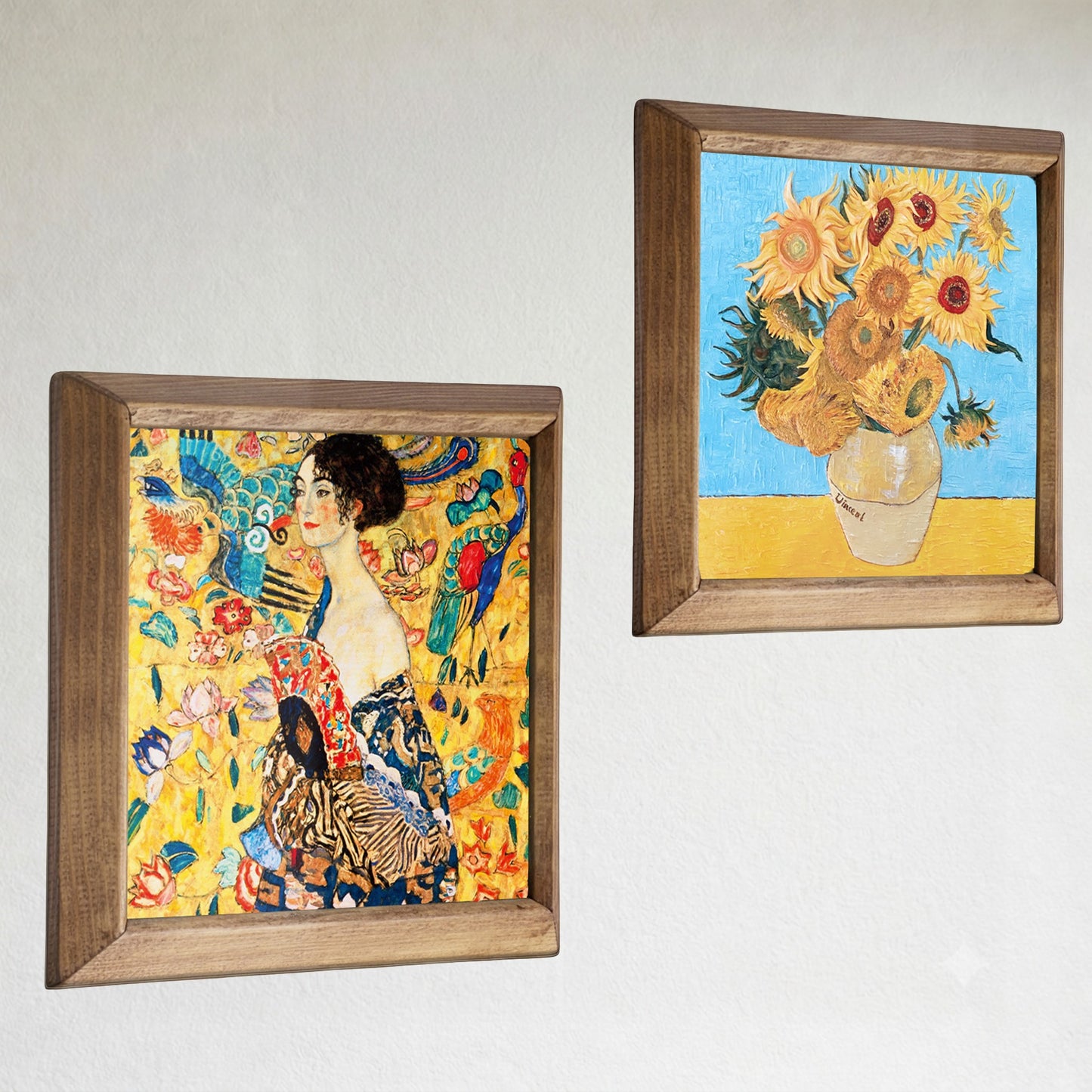 Gustav Klimt Lady with Fan and Van Gogh Sunflowers Duo Stone Wall Art Set