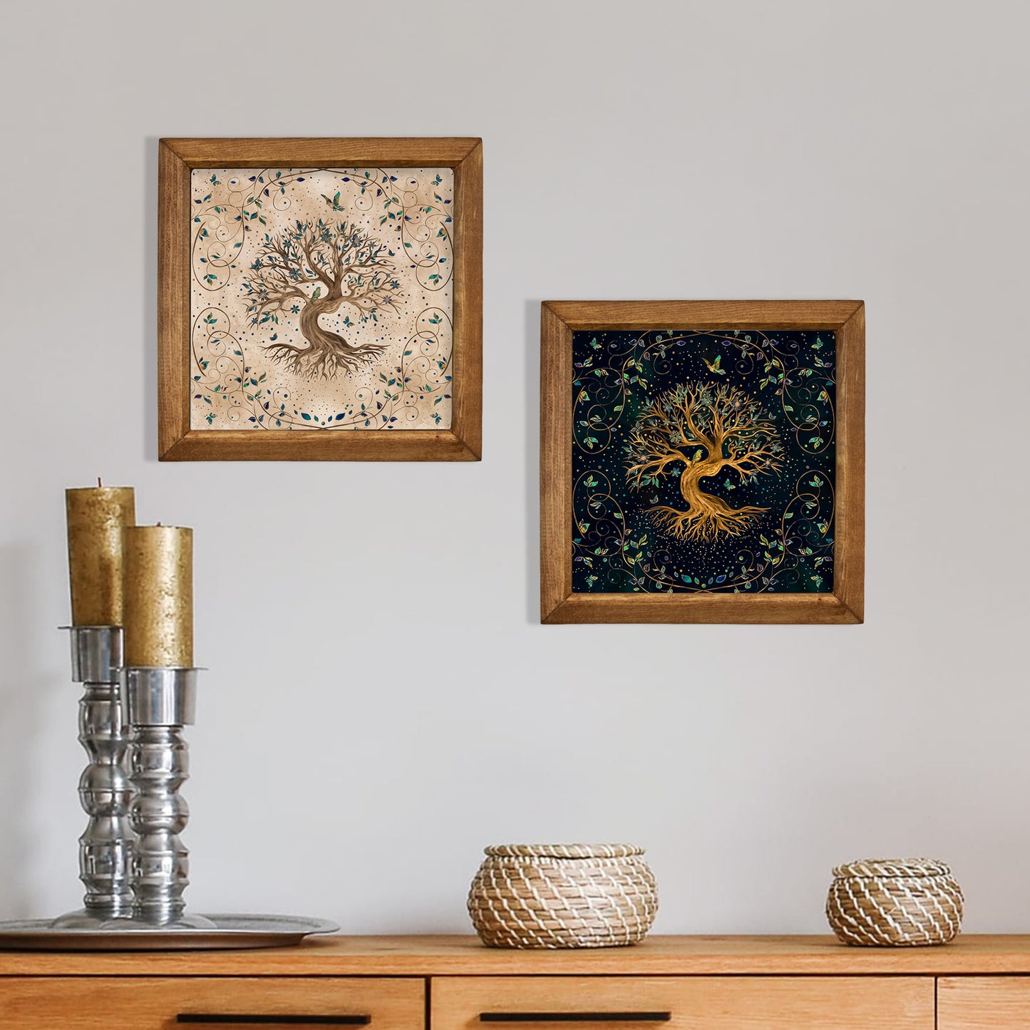 Tree of Life Wall Art Set of 2 Wooden Frame Artwork