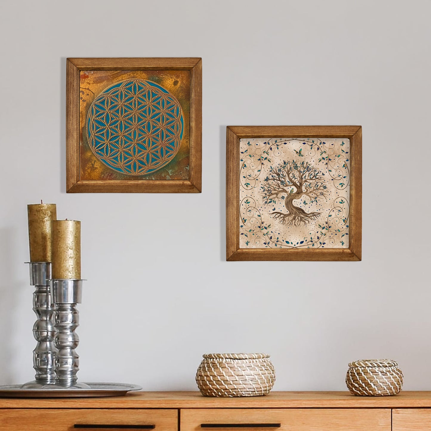 Sacred Geometry & Tree of Life | Handmade Natural Stone Wall Art Duo