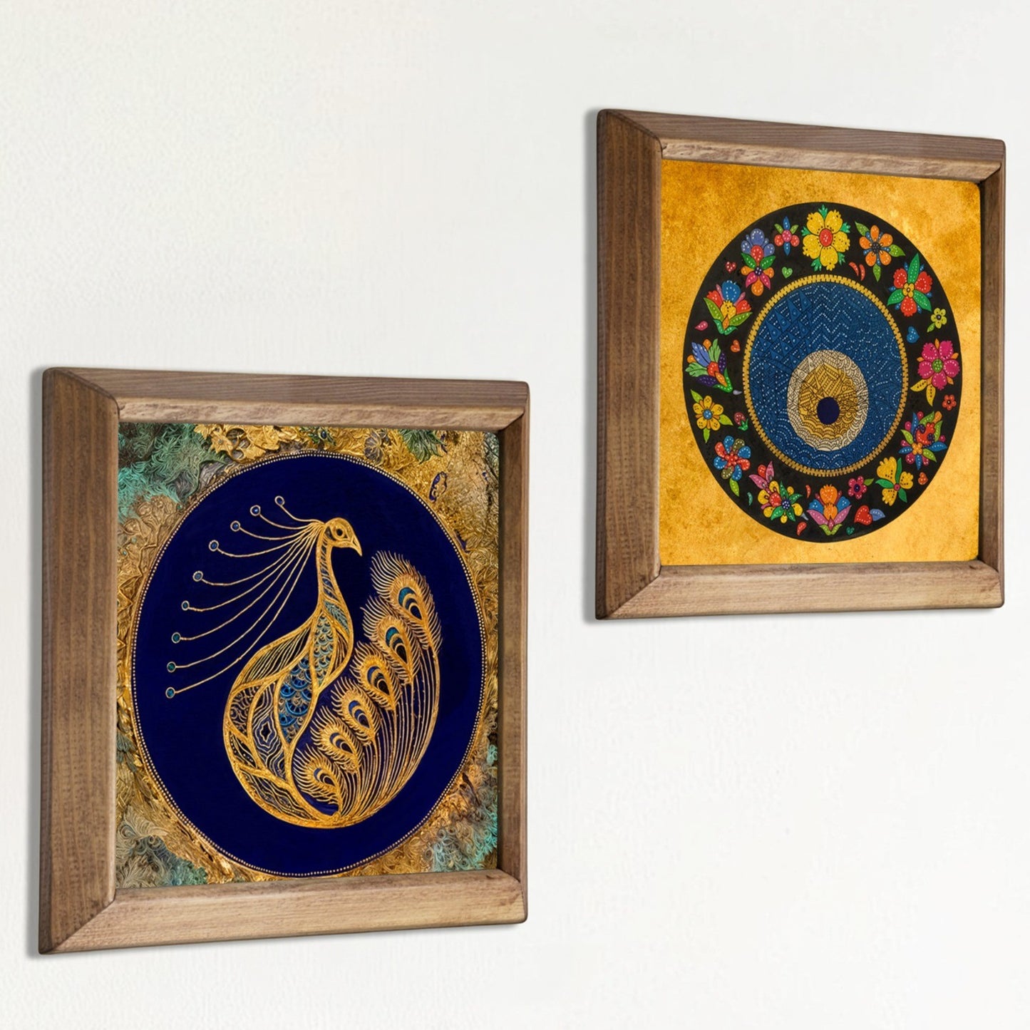 Peacock & Evil Eye Duo Natural Stone Wall Art – Wood Frame Set