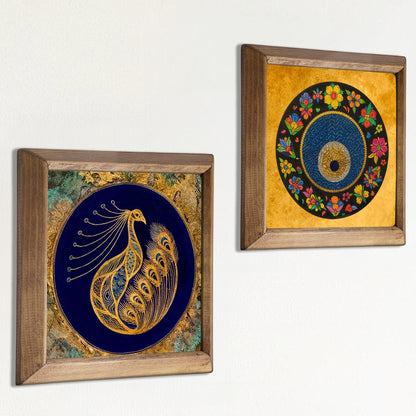 Peacock & Evil Eye Duo Natural Stone Wall Art – Wood Frame Set