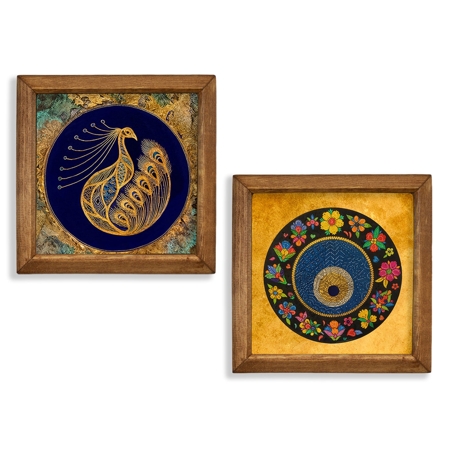 Peacock & Evil Eye Duo Natural Stone Wall Art – Wood Frame Set