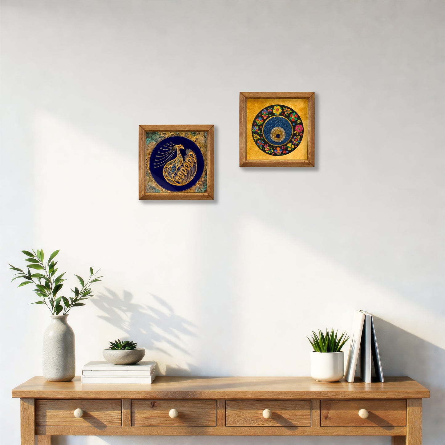 Peacock, Yellow Evil Eye Duo Stone Wall Art Set