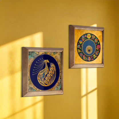 Peacock & Evil Eye Duo Natural Stone Wall Art – Wood Frame Set