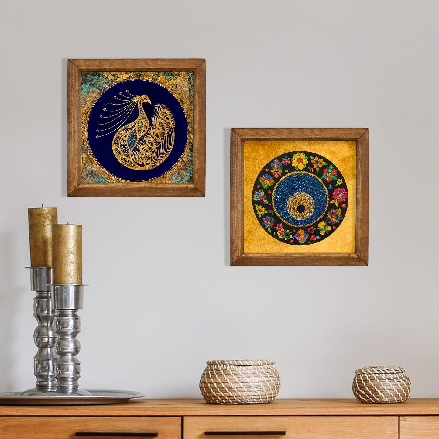 Peacock & Evil Eye Duo Natural Stone Wall Art – Wood Frame Set