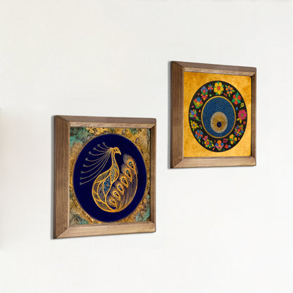 Peacock & Evil Eye Duo Natural Stone Wall Art – Wood Frame Set