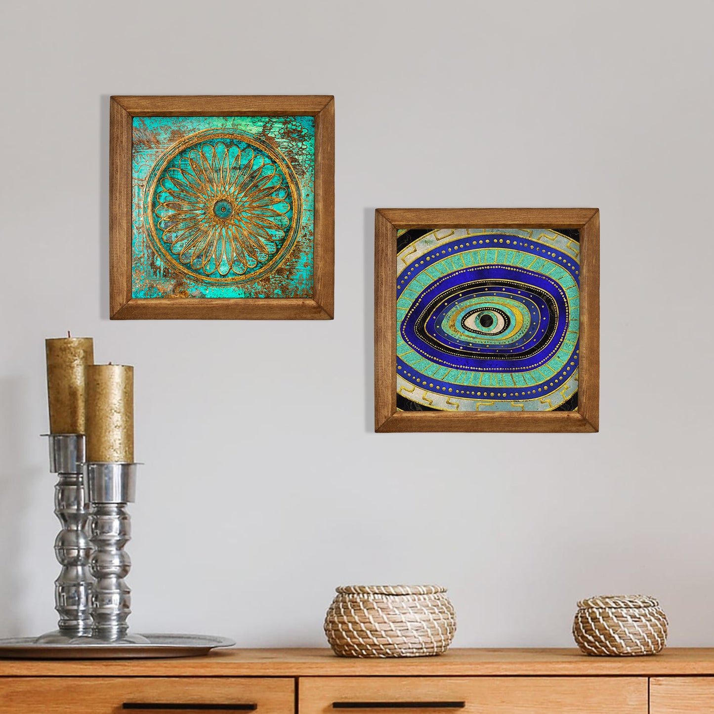 Evil Eye & Flower of Life Wall Art Duo – Wooden Frame