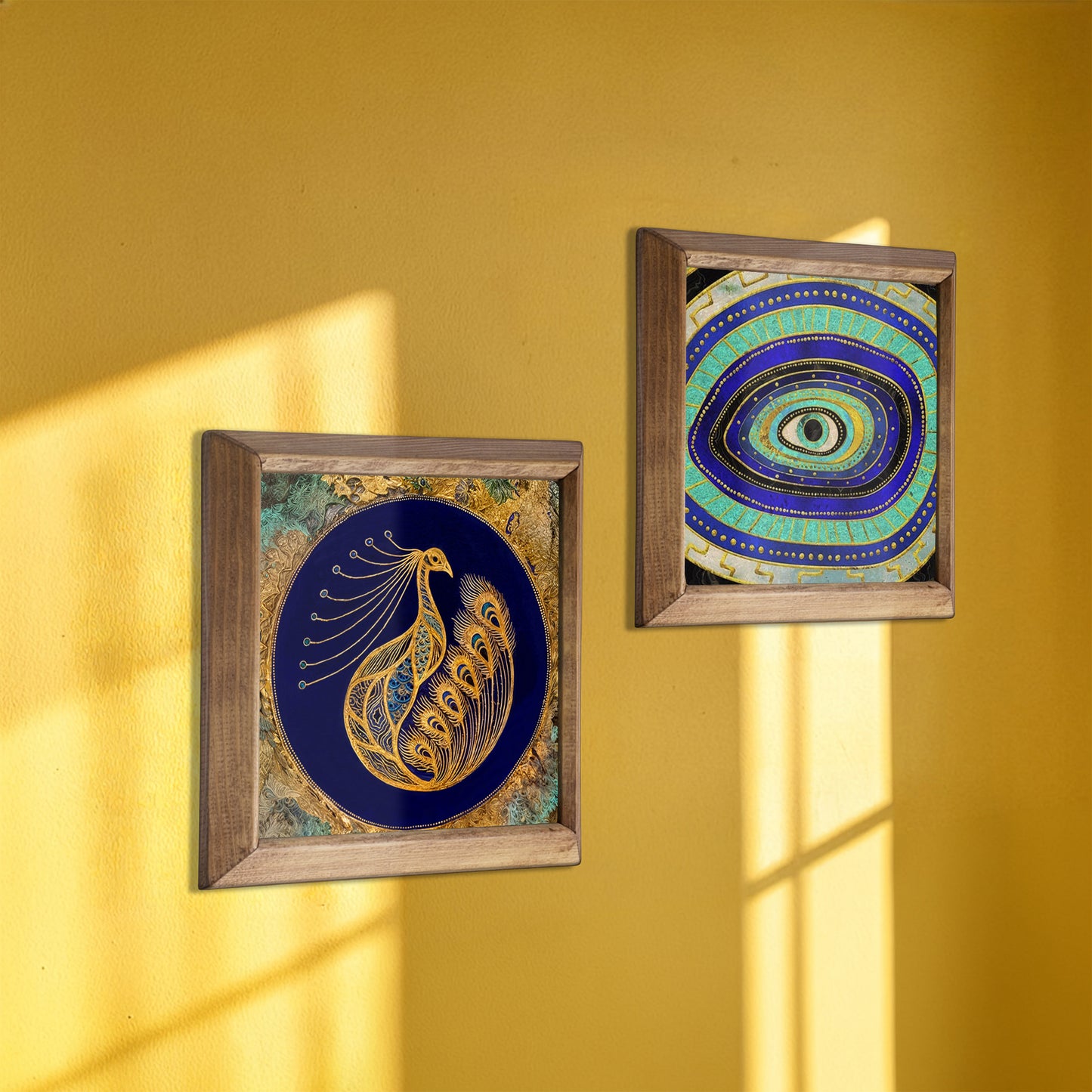 Peacock & Evil Eye Wall Art Duo – Wooden Frame Set